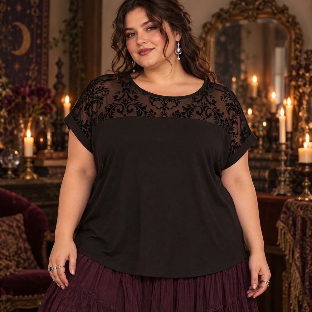 Love Scarlett Velvet Mesh Top Sz 2X Whimsigoth Gothic Dark Romantic Victorian